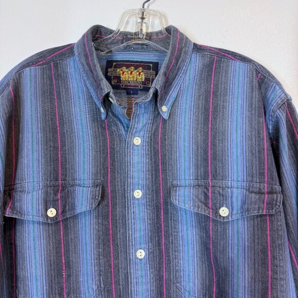 Ralph Lauren Vintage Chaps Shirt Blue Western Striped Button Down 90s Large - Picture 4 of 8